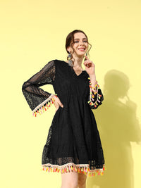 Thumbnail for InWeave Women's Black Lacy Dress With Tassles - Distacart