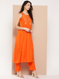 Thumbnail for InWeave Women's Orange Mirror Work Aline Strappy Kurta Set W Pink Yellow Leh Dupatta - Distacart