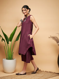 Thumbnail for InWeave Women's Wine Solid Short Kurta Palazzo Set - Distacart