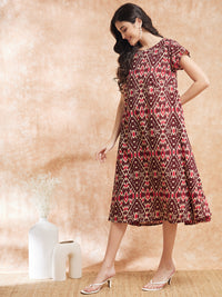Thumbnail for InWeave Women's Wine Ikkat Print A Line Dress - Distacart