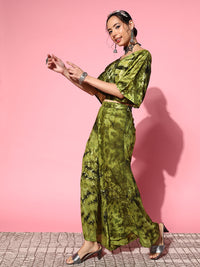 Thumbnail for InWeave Women's Olive Tie And Dye New Neckline Top Culottes Set - Distacart