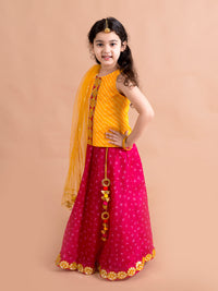 Thumbnail for Girls Magenta Yellow Embroidered Ready To Wear Lehenga Blouse With Dupatta - Mini Marvels - Distacart