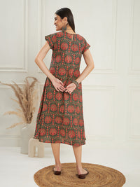 Thumbnail for InWeave Women's Green Red Mughal Kalamkari A Line Dress - Distacart