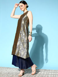 Thumbnail for InWeave Women's Blue Banarasi Halter Kurta Set With Golden Dupatta - Distacart