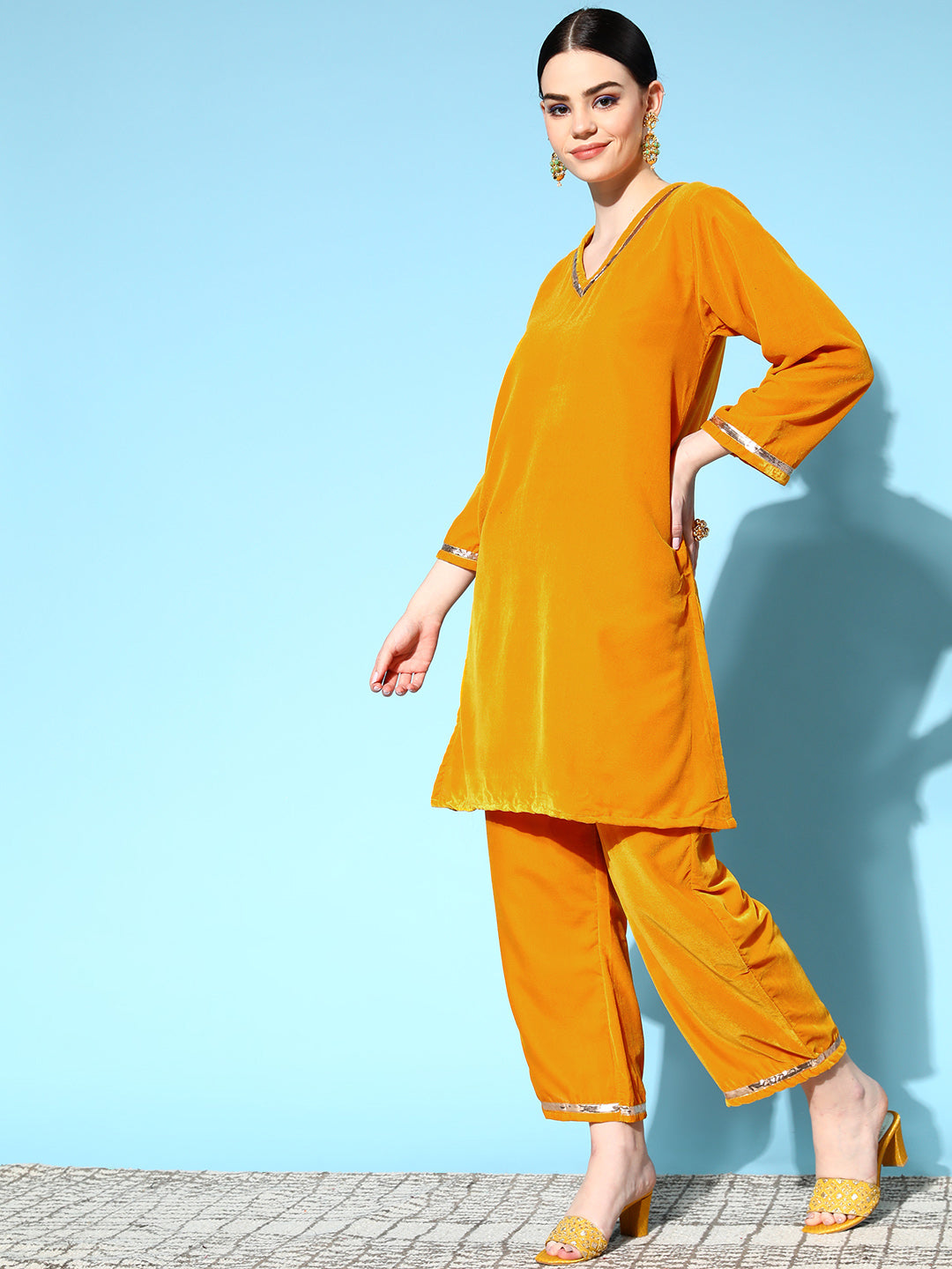 InWeave Women's Mustard Velvet Kurta Set With Mustard Gold Dupatta - Distacart