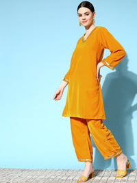 Thumbnail for InWeave Women's Mustard Velvet Kurta Set With Mustard Gold Dupatta - Distacart