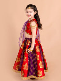Thumbnail for Girls Red Gold-Toned Ready To Wear Lehenga Blouse With Dupatta - Mini Marvels - Distacart