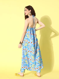 Thumbnail for InWeave Women's Sky Blue Print Backless Long Kurta Pant Set - Distacart