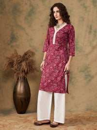 Thumbnail for InWeave Women's Burgundy Maroon Print V Neck Lace Work Straight Kurta - Distacart