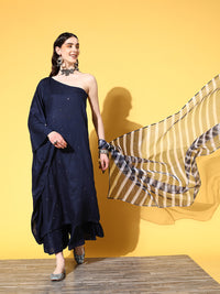 Thumbnail for InWeave Women's Navy Mirror Work One Shoulder Kurta Set With Dupatta - Distacart