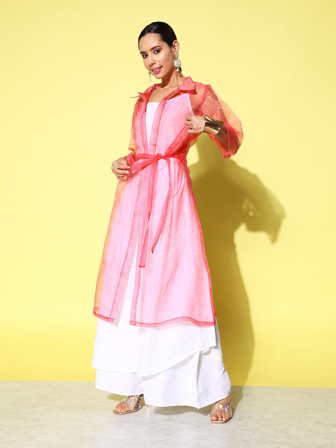 InWeave Women's Cream Strappy Kurta Set With Pink Organza Cape - Distacart