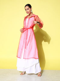 Thumbnail for InWeave Women's Cream Strappy Kurta Set With Pink Organza Cape - Distacart