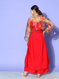 Thumbnail for InWeave Women's Red Strappy Set With Green Floral Short Organza Cape - Distacart
