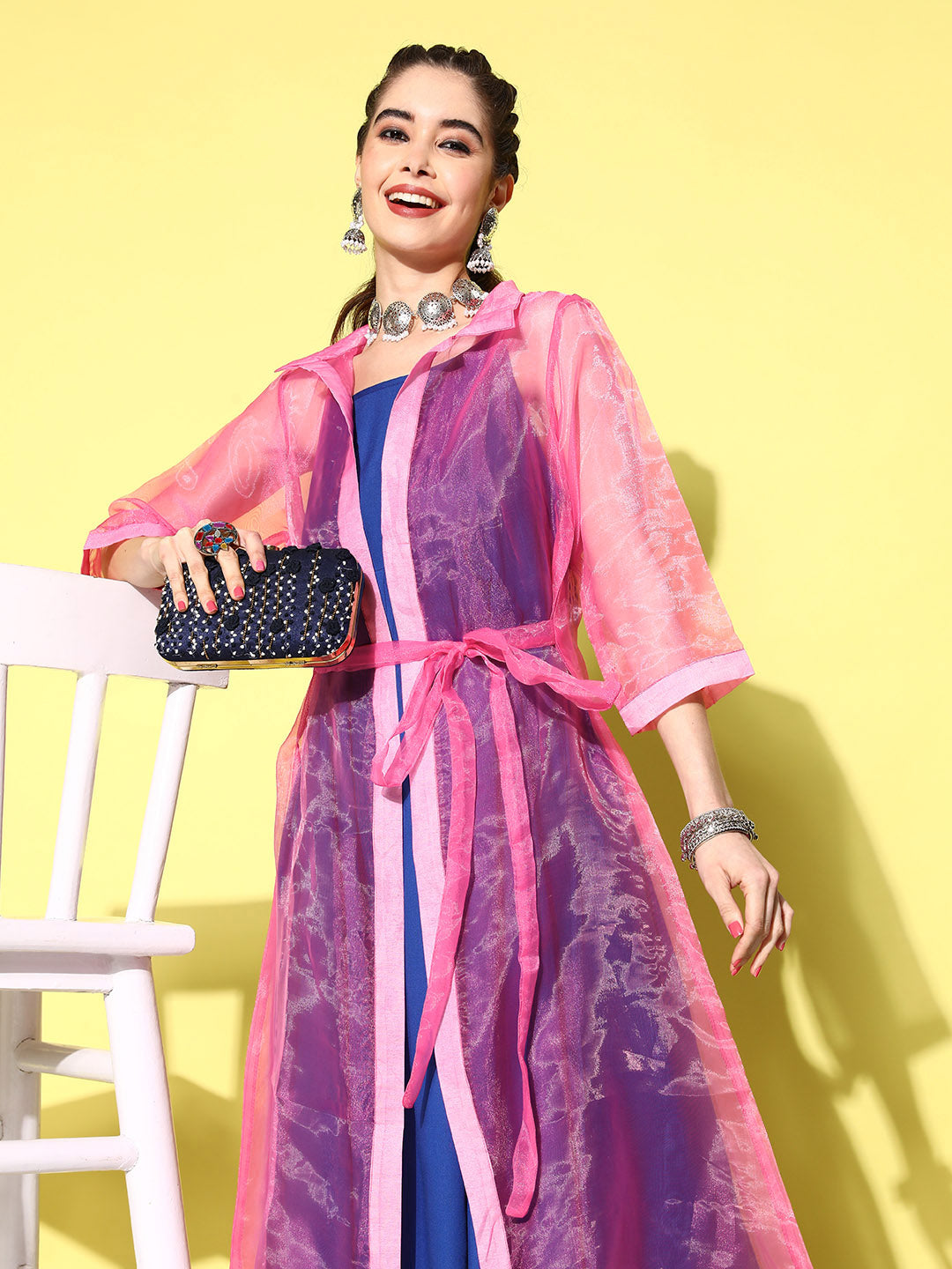 InWeave Women's Ink Blue Strappy Kurta Set With Pink Organza Cape - Distacart