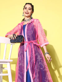 Thumbnail for InWeave Women's Ink Blue Strappy Kurta Set With Pink Organza Cape - Distacart