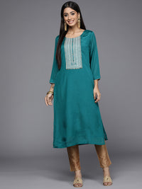 Thumbnail for Varanga Teal Straight Kurta With Embroidered Yoke - Distacart