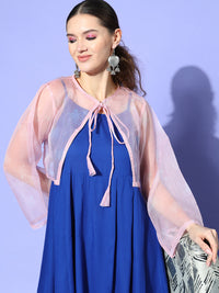 Thumbnail for InWeave Women's Ink Blue Strappy Set With Pink Chintz Print Short Organza Cape - Distacart