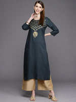 Thumbnail for Varanga Women Blue Placement Printed Straight Kurta - Distacart