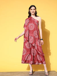 Thumbnail for InWeave Women's Maroon Bandhani Motif One Shoulder Palazzo Set - Distacart