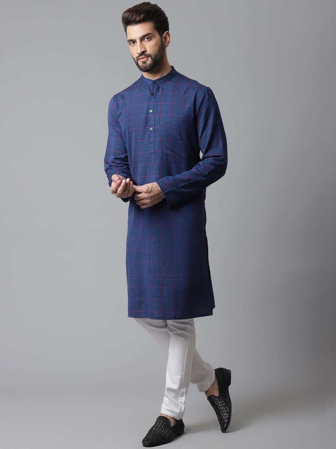 Even Apparels Blue Long Kurta With Band Collar - Distacart