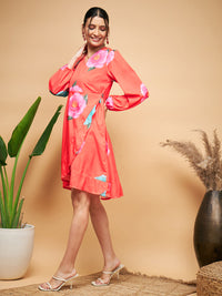 Thumbnail for InWeave Women's Dark Orange Pink Blue Flower Belted Dress - Distacart