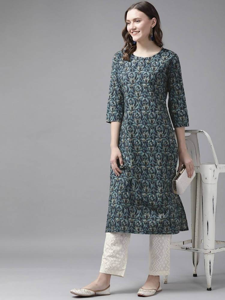 Yufta Women Blue and White Ethnic Motifs Pure Cotton Kurta with Trouser