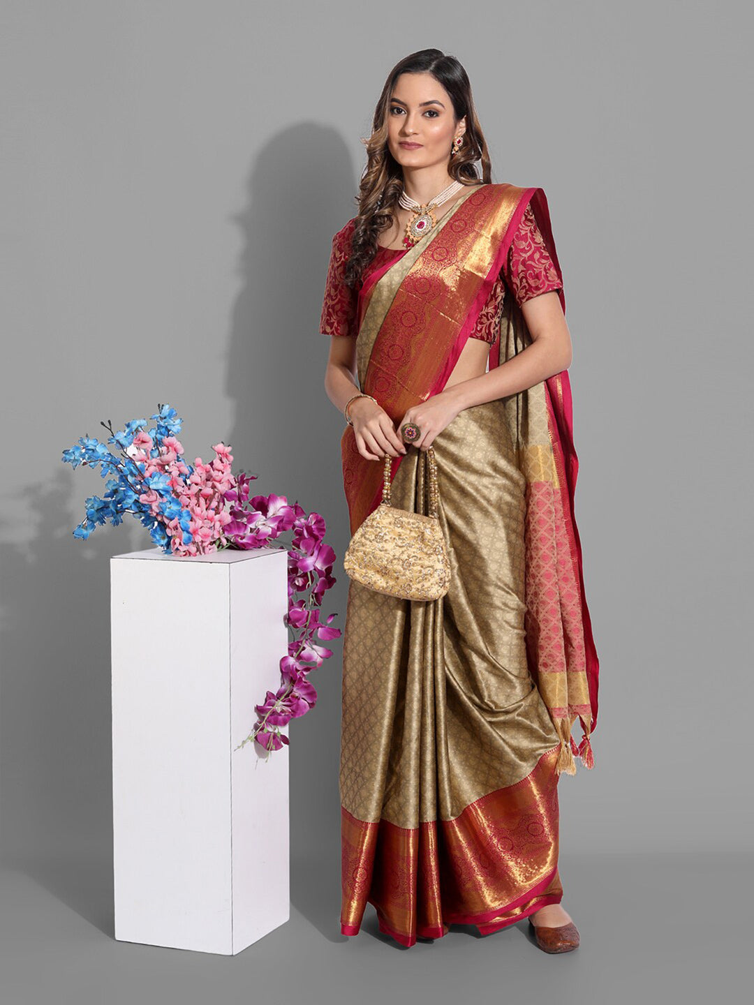 Mitera Beige & Red Woven Design Zardozi Mysore Silk Saree - Distacart