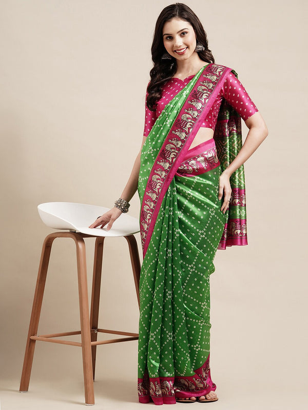 Saree Mall Green & Fuchsia Bandhani Silk Blend Bandhani Sarees - Distacart