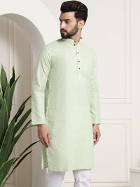Thumbnail for Sojanya Men Green Dobby Checked Straight Kurta - Distacart
