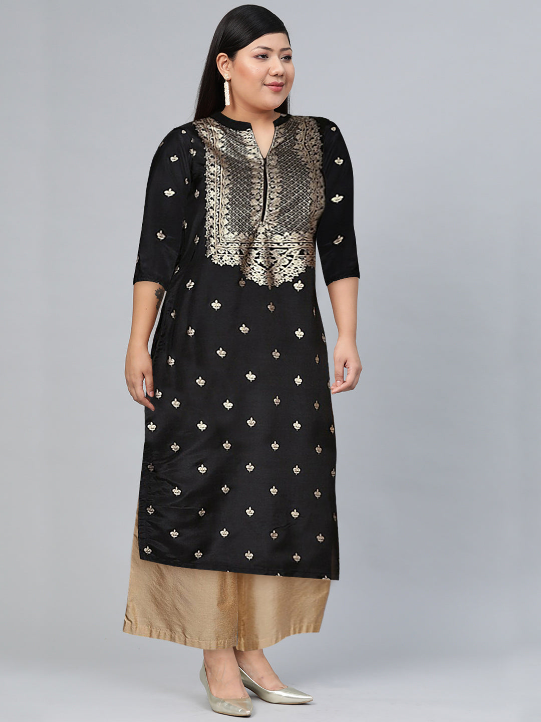 Biba Women Black & Beige Ethnic Motifs Printed Thread Work Kurta - Distacart