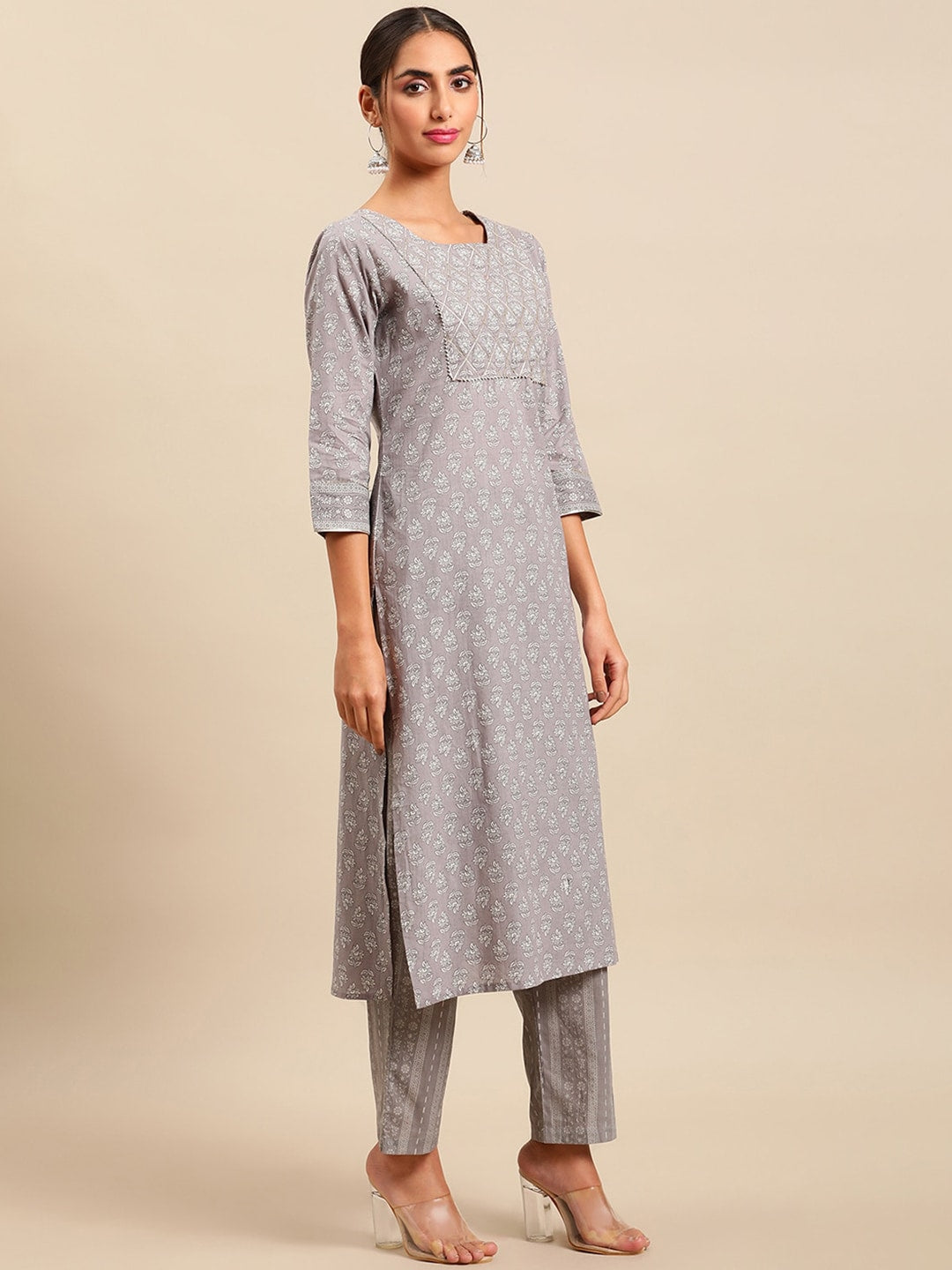 Sangria Women Floral Printed Empire Pure Cotton Kurta with Trousers & With Dupatta - Distacart