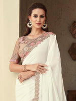 Thumbnail for Mitera White & Pink Sequinned Pure Georgette Saree - Distacart