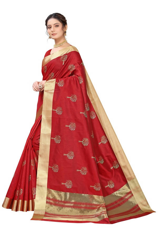 Vamika Red Cotton Polyster Silk Weaving Saree (Kerala Forest)