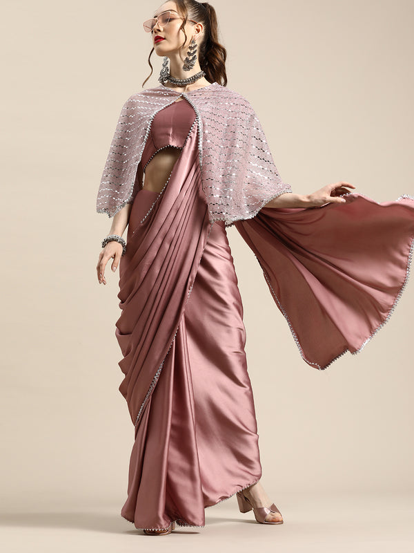 Tikhi Imli Trendy Mauve Sleek Poly Crepe Saree with Embellished Border & Cape - Distacart