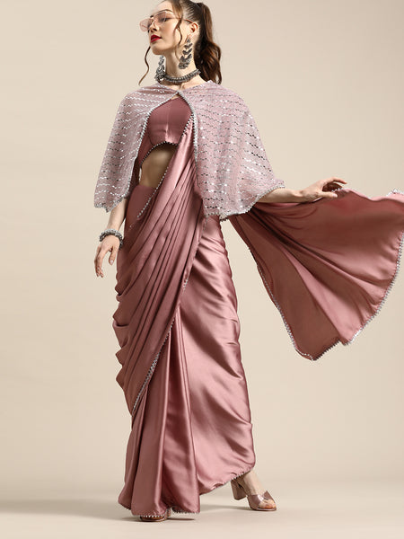 Tikhi Imli Trendy Mauve Sleek Poly Crepe Saree with Embellished Border & Cape - Distacart