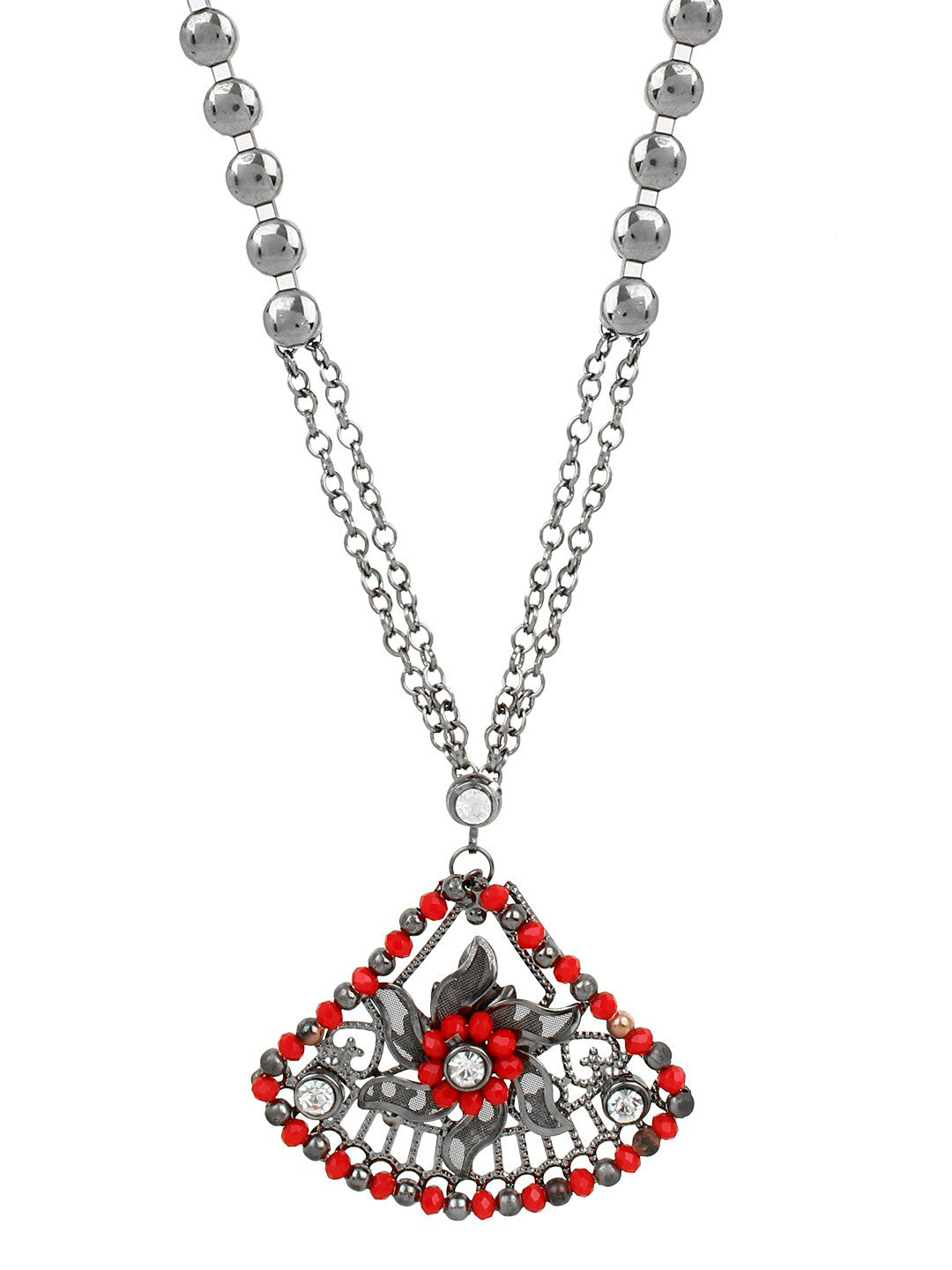Cardinal Women Oxidised Silver-Plated Red Stone Studded & Beaded Jewellery Set - Distacart