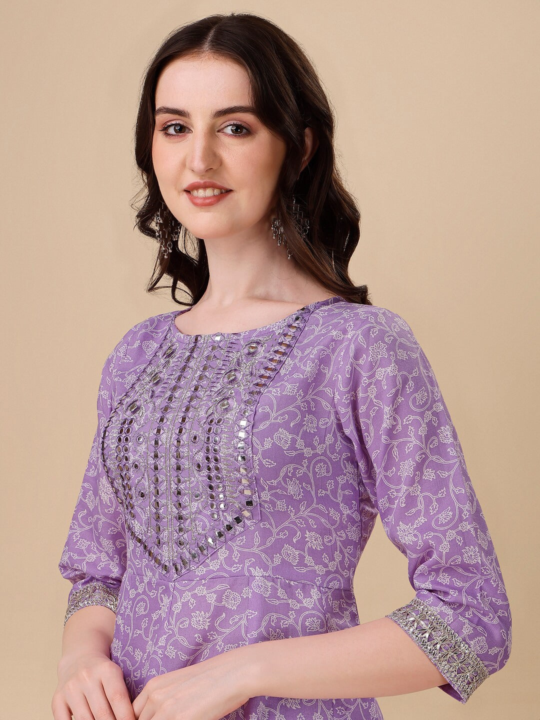 HERE&NOW Purple Floral Printed Pure Cotton A-Line Kurta & Trousers With Dupatta - Distacart
