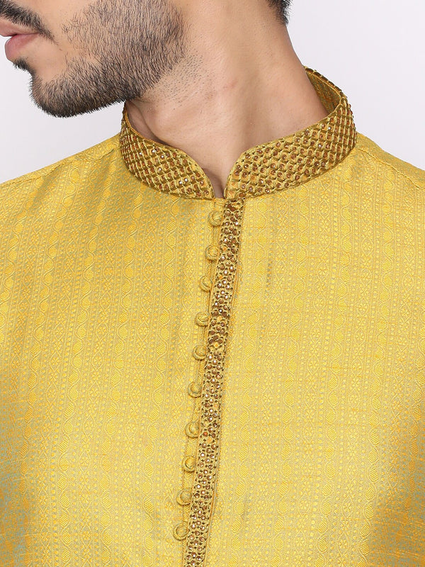 Manyavar Men Yellow & White Self Design Kurta with Churidar - Distacart