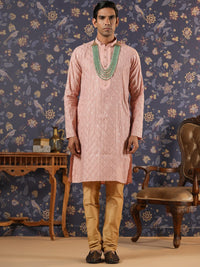 Thumbnail for House of Pataudi Ethnic Motifs Embroidered Mandarin Collar Straight Kurta With Churidar - Distacart