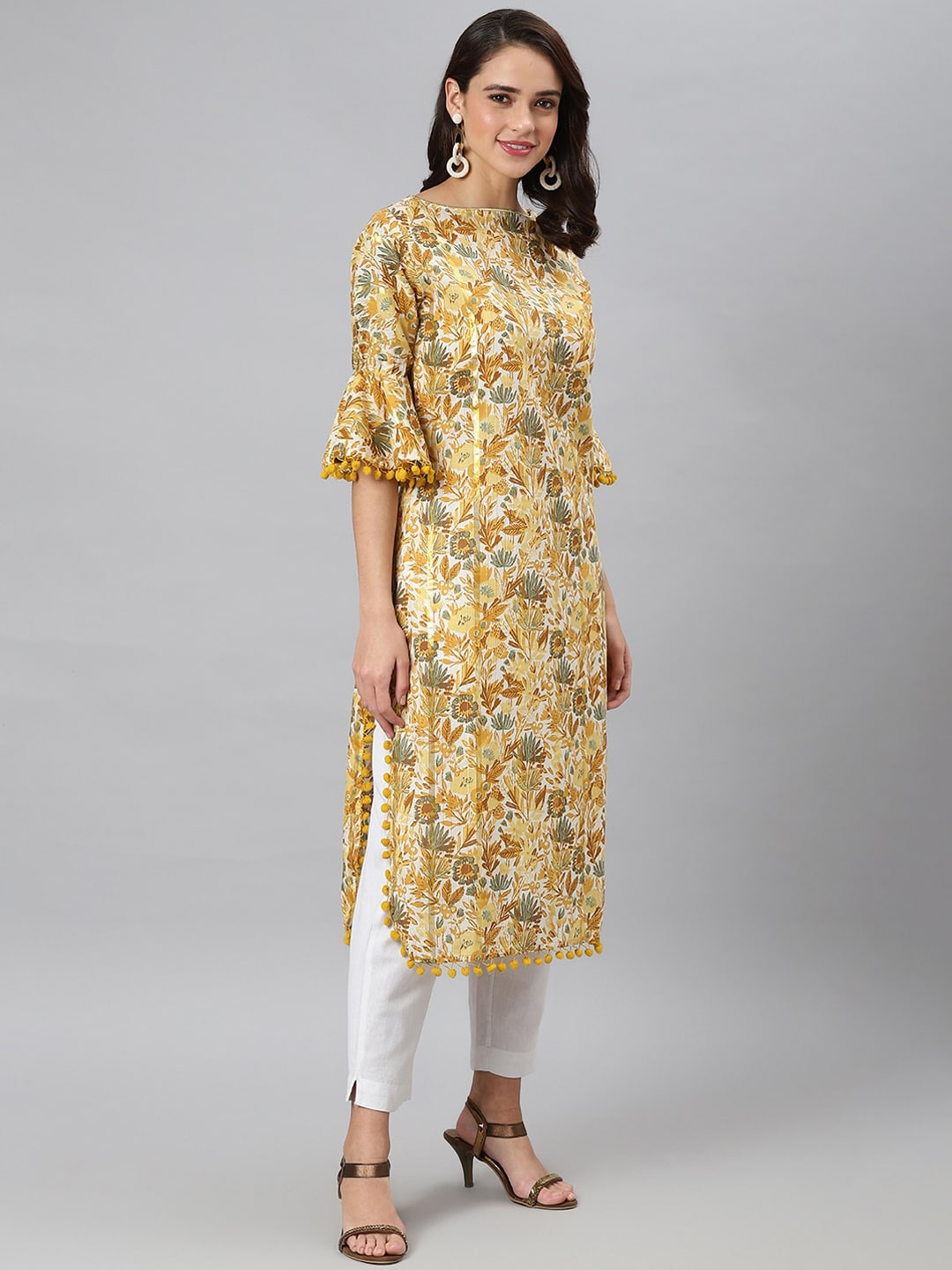 Khushal K Women Yellow Floral Printed Flared Sleeves Kurta - Distacart