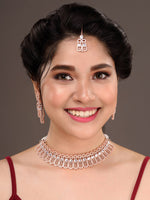 Thumbnail for Saraf RS Jewellery Rose Gold-Plated White AD Studded Jewellery Set With Maang Tika - Distacart