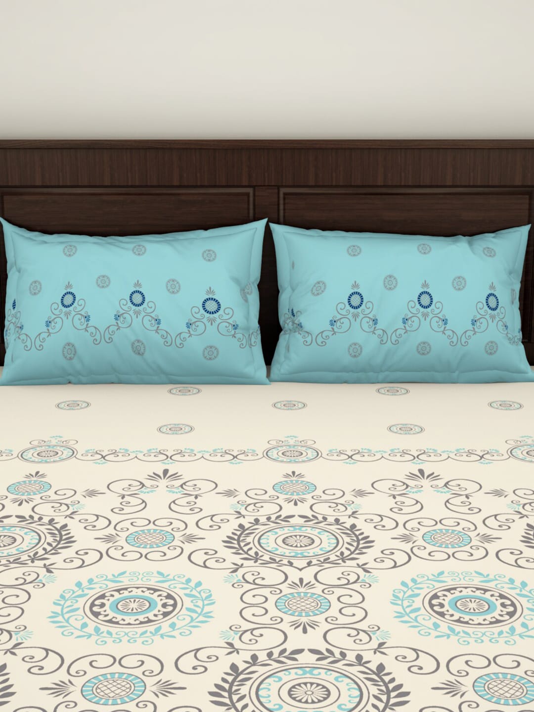 SPACES Reagalis Cream Ethnic Motifs 140 TC Cotton Queen Bedsheet & 2 Pillow Covers - Distacart