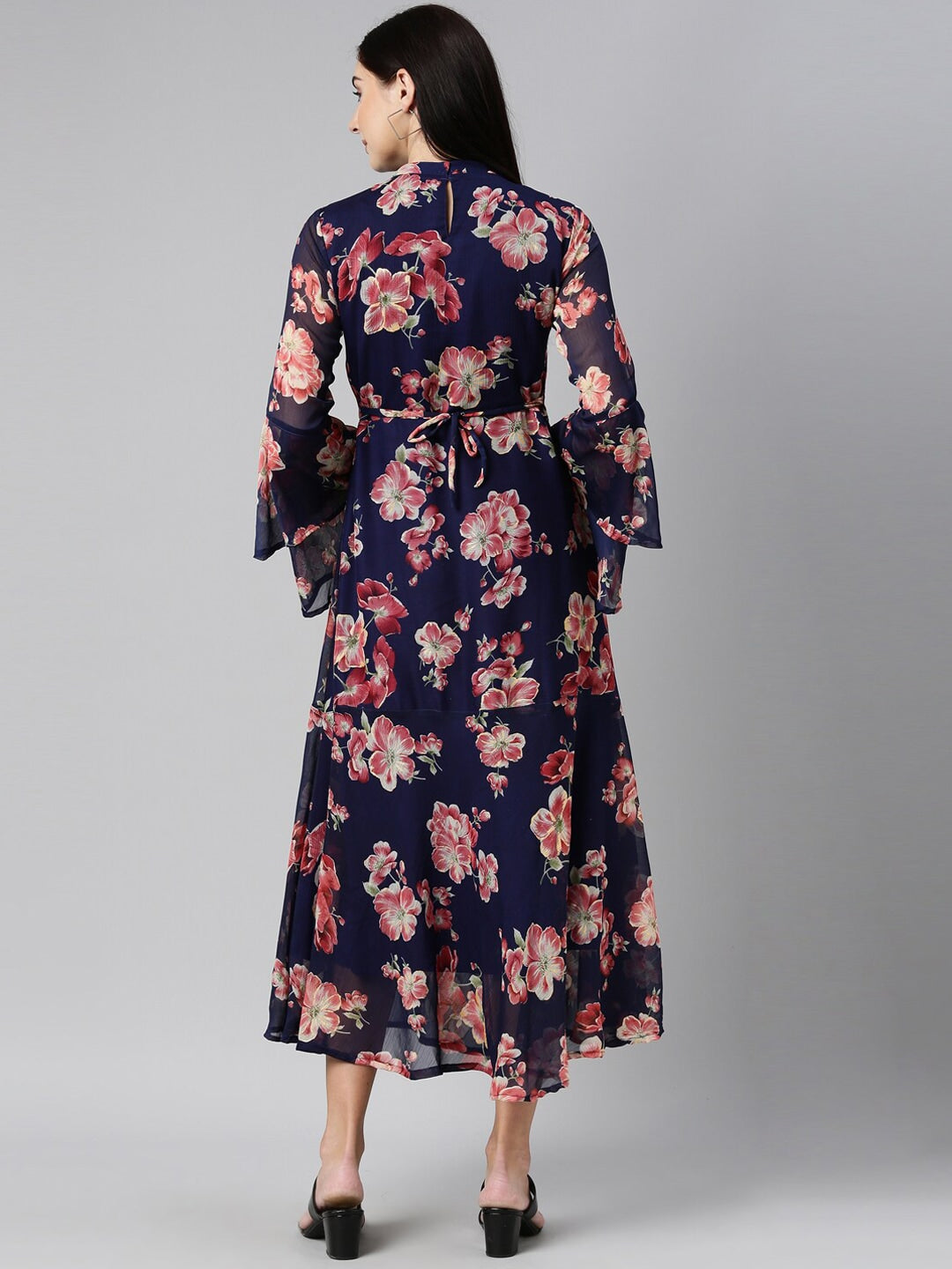 Souchii Navy Blue Floral Chiffon Midi Dress - Distacart