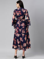 Thumbnail for Souchii Navy Blue Floral Chiffon Midi Dress - Distacart