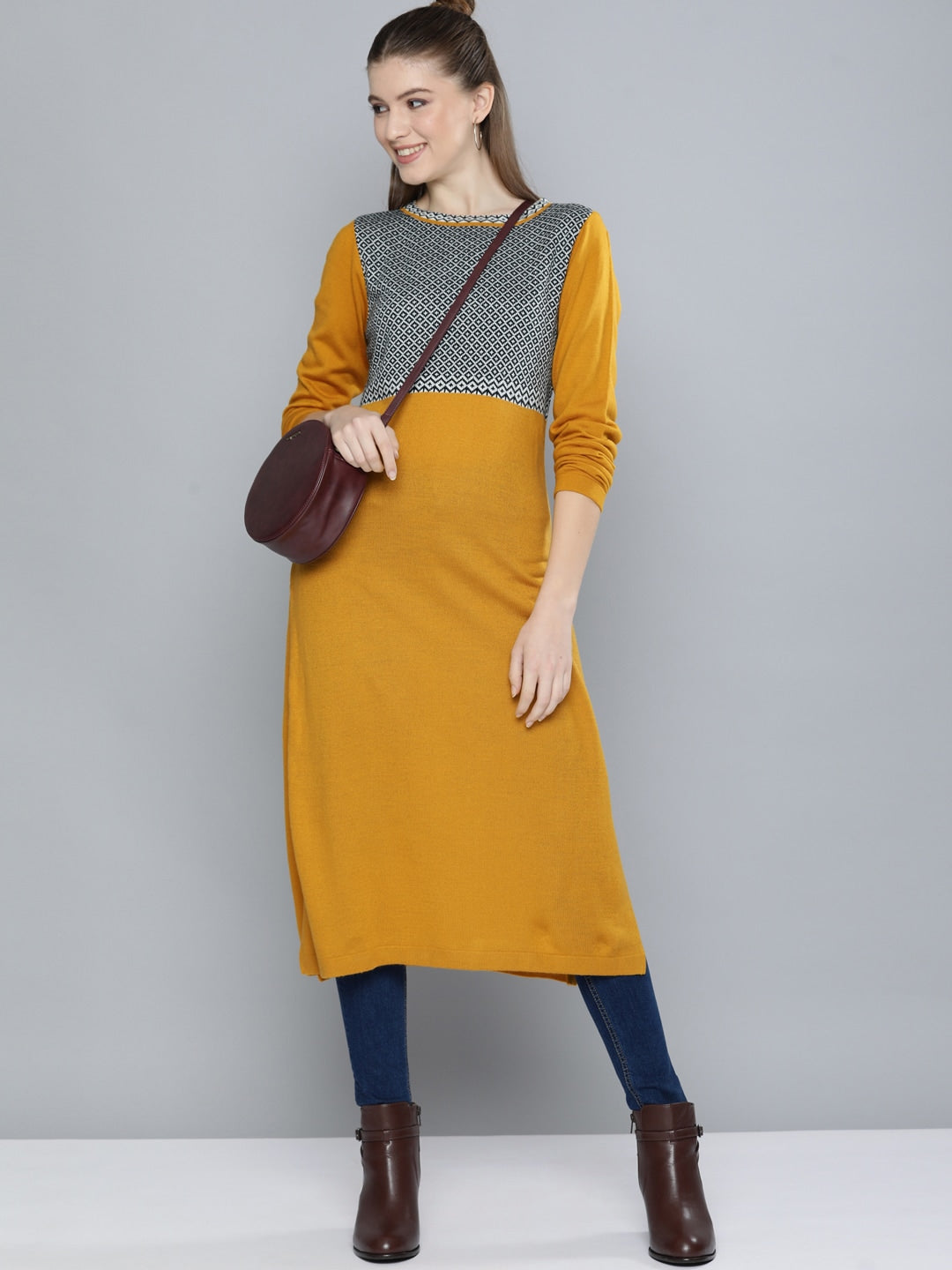 HERE&NOW Women Mustard Yellow & White Geometric Yoke Design Acrylic Winter Kurta - Distacart