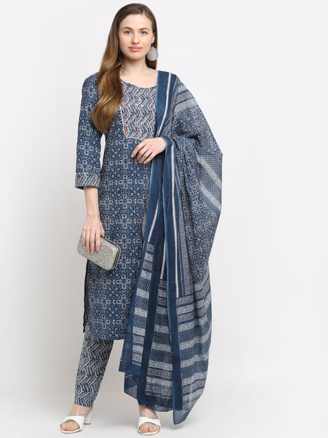 Kalini Women Blue Ethnic Motifs Printed Pure Cotton Kurta with Trousers & With Dupatta - Distacart