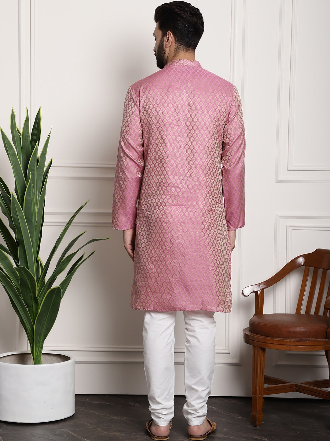 Sojanya Men Pink & Off-White Woven Design Kurta with Churidar - Distacart