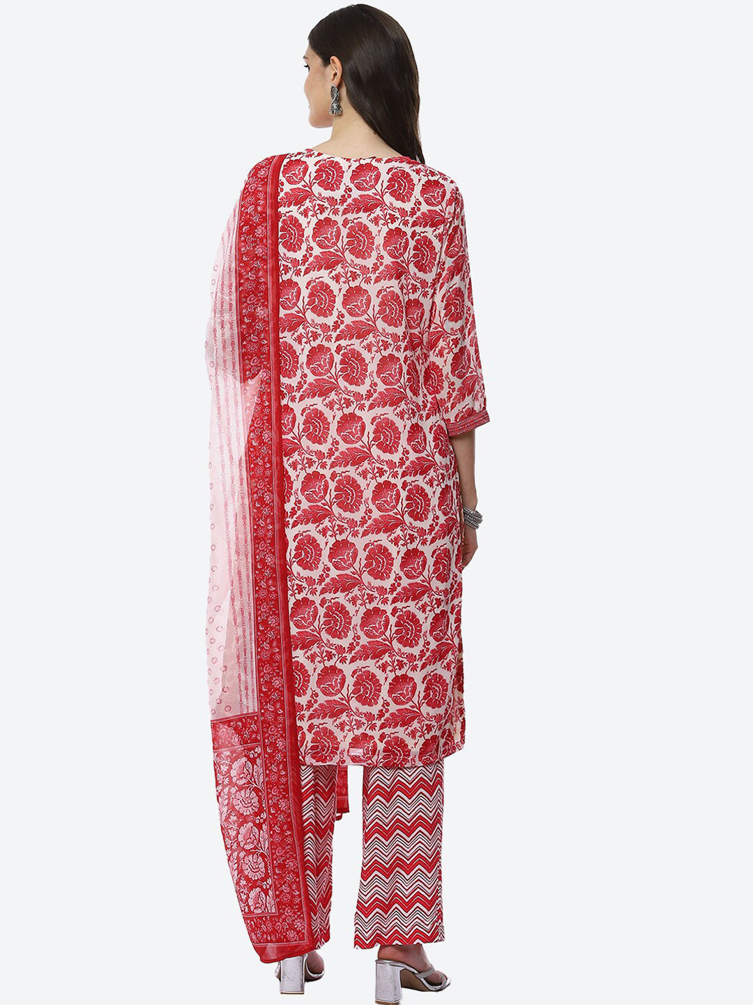Biba Women Red Floral Printed Kurta with Trousers & With Dupatta - Distacart