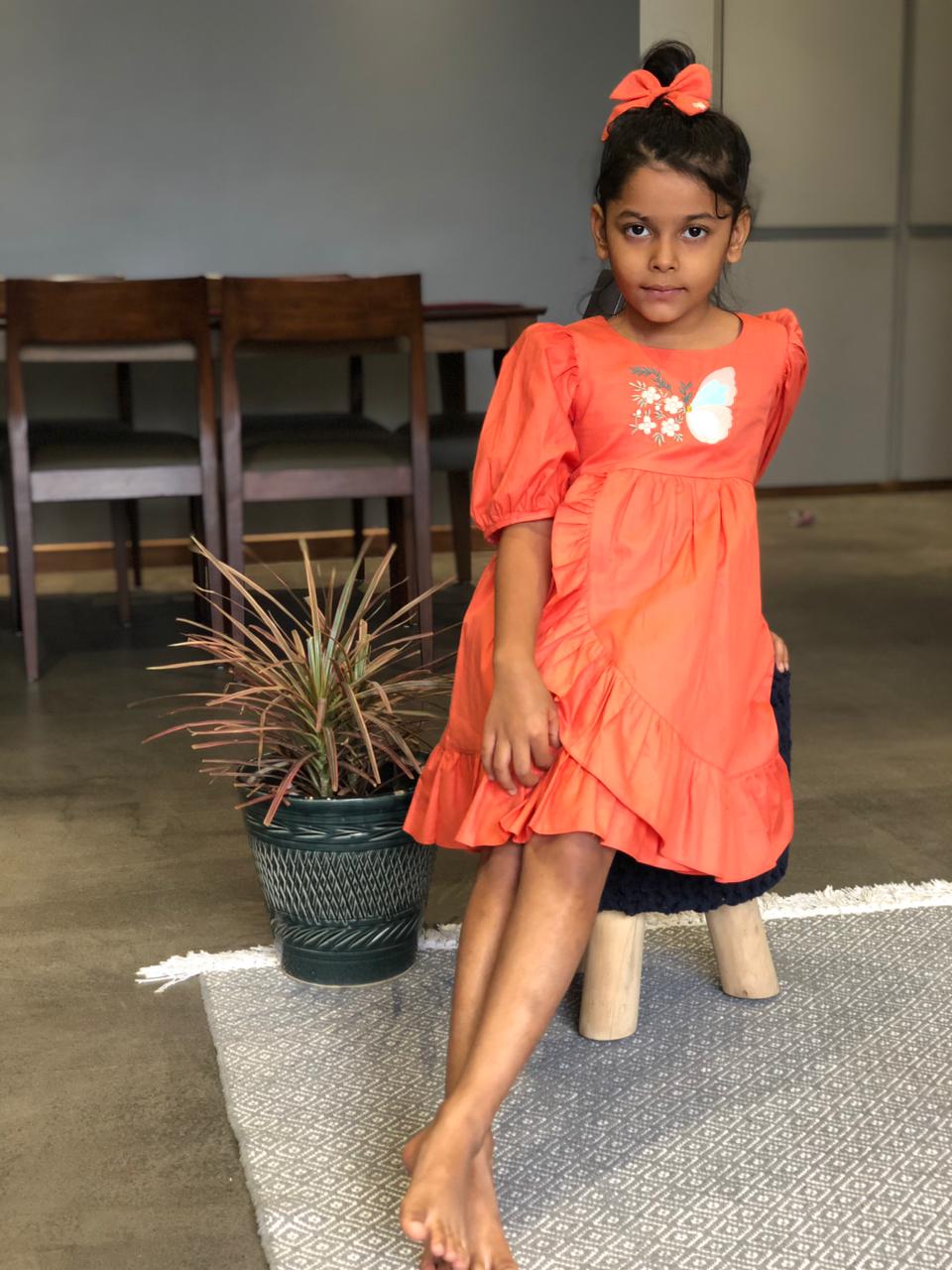 ArthLife Orange Butterfly Embroidered Dress - Distacart