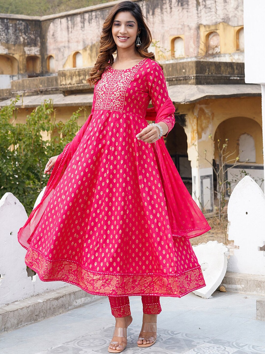 Kalini Ethnic Motifs Printed Regular Thread Work Kurta with Trousers & With Dupatta - Distacart